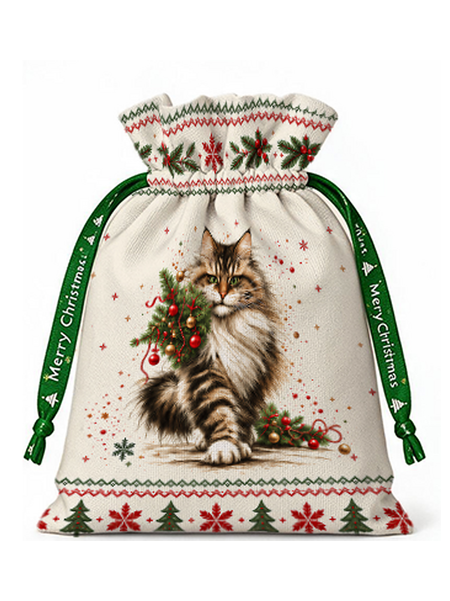 Charming Christmas Cat Reusable Drawstring Gift Bag