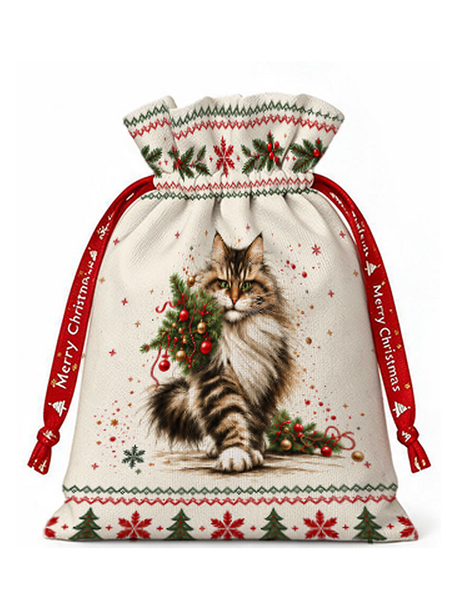 Charming Christmas Cat Reusable Drawstring Gift Bag