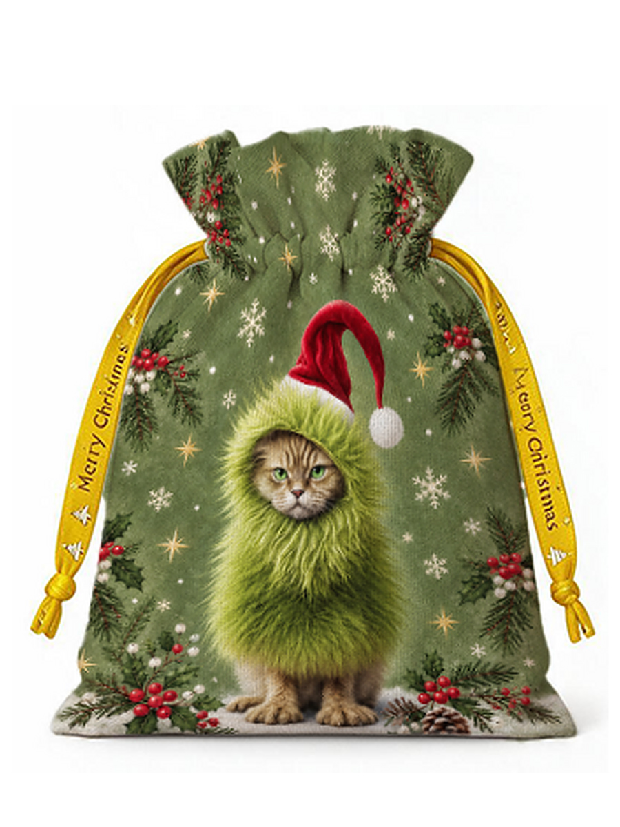 Mischievous Christmas Cat Reusable Drawstring Gift Bag