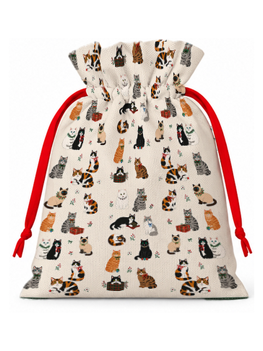 Sweet Festive Kitten Garden Reusable Christmas Drawstring Gift Bag