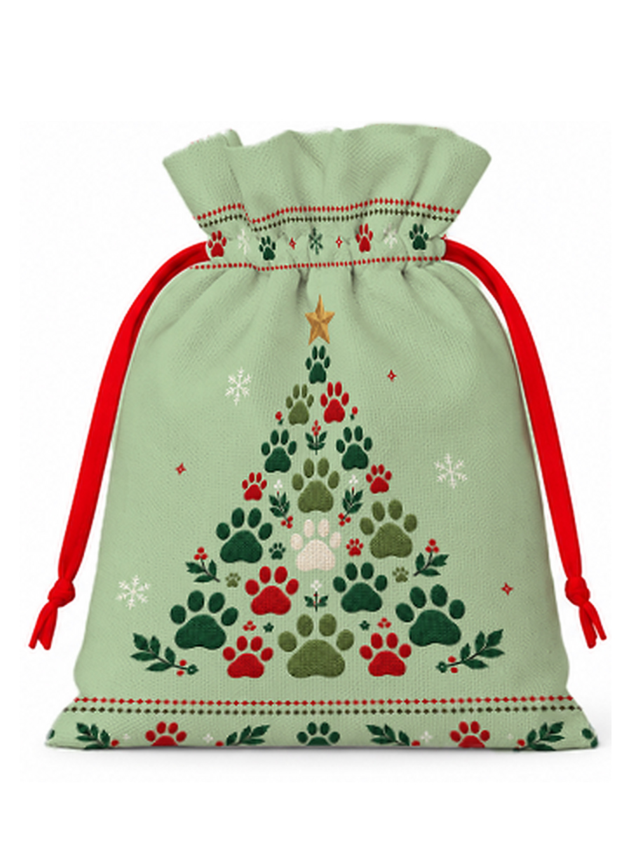 Cat Paw Print Christmas Tree Reusable Drawstring Gift Bag