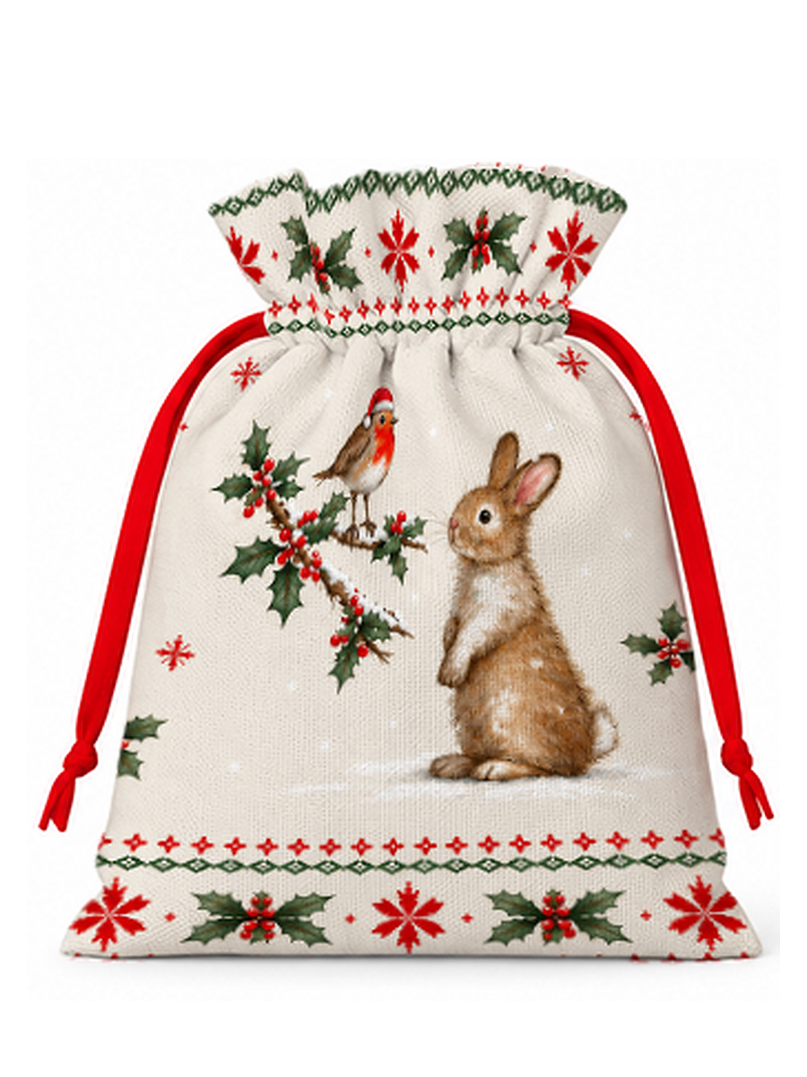 Christmas Robin & Bunny Reusable Drawstring Gift Bag