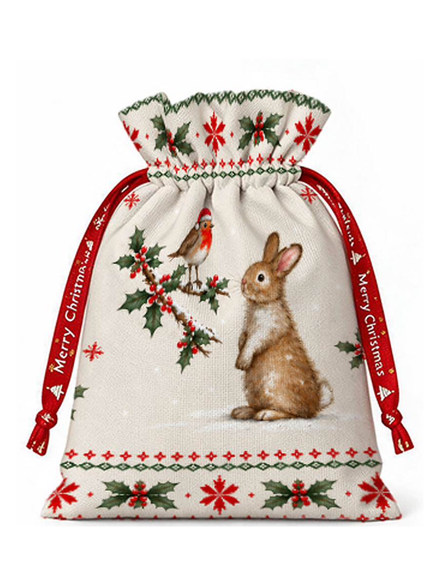 Christmas Robin & Bunny Reusable Drawstring Gift Bag