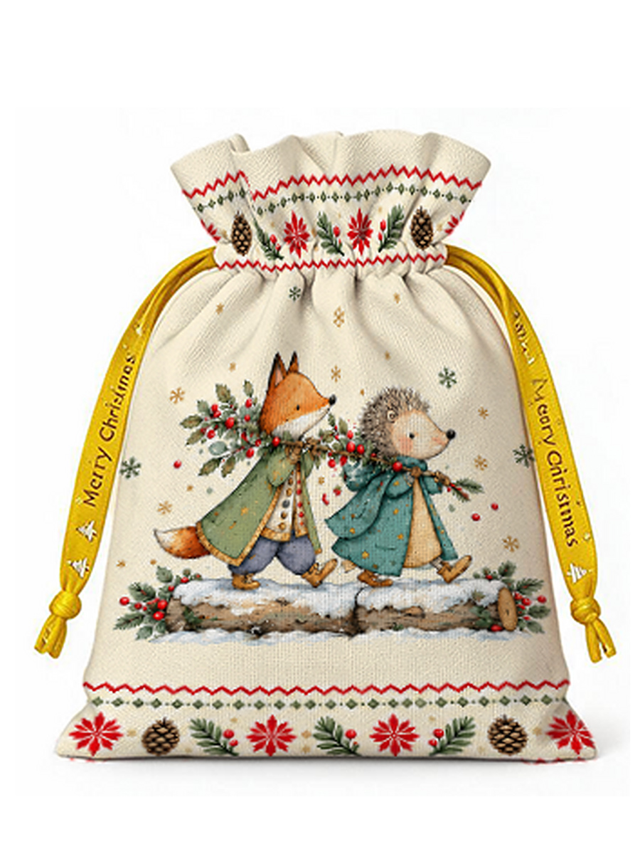 Christmas Fox & Hedgehog Reusable Drawstring Gift Bag