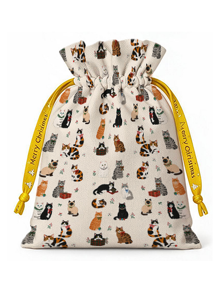 Sweet Festive Kitten Garden Reusable Christmas Drawstring Gift Bag