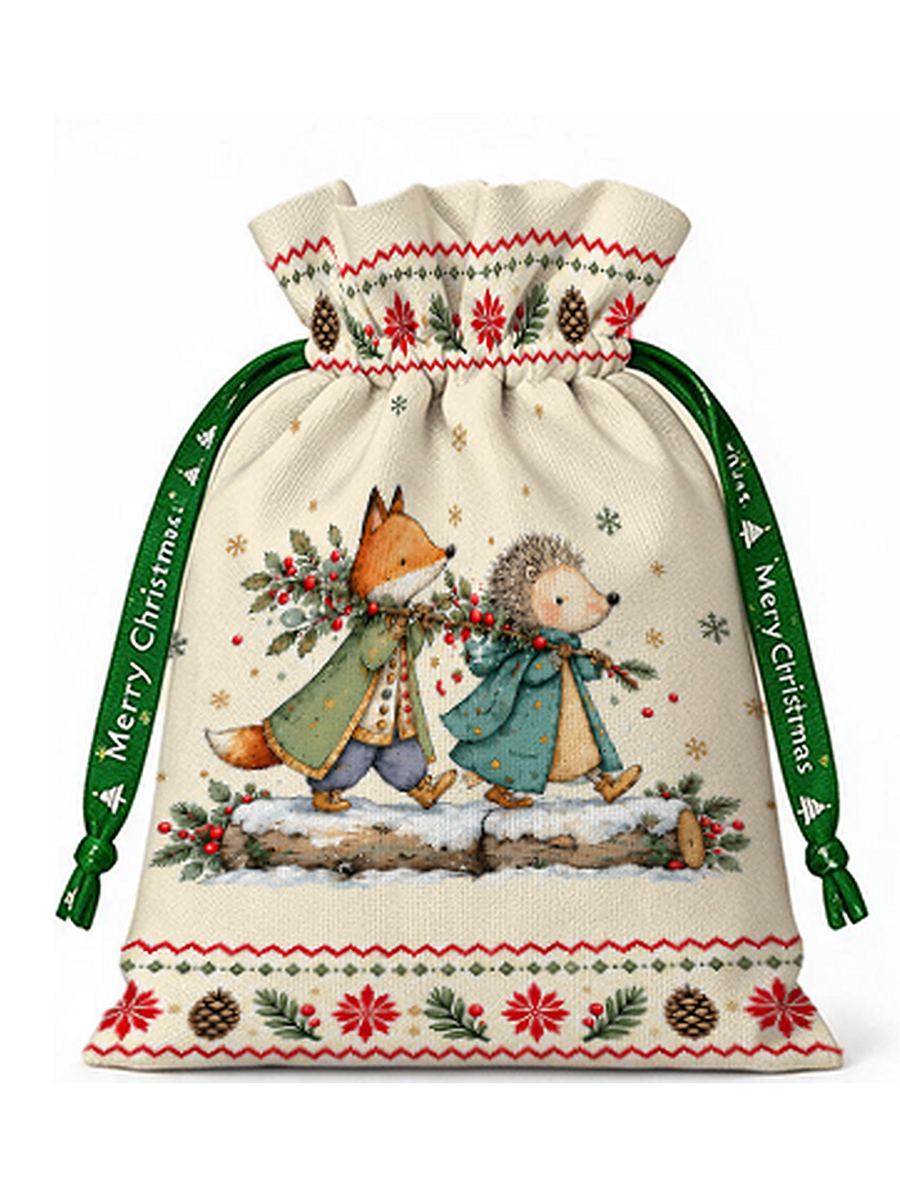Christmas Fox & Hedgehog Reusable Drawstring Gift Bag
