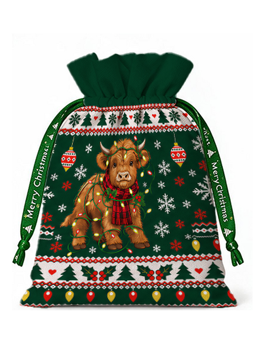 Christmas Cow Snowflake Reusable Drawstring Gift Bag
