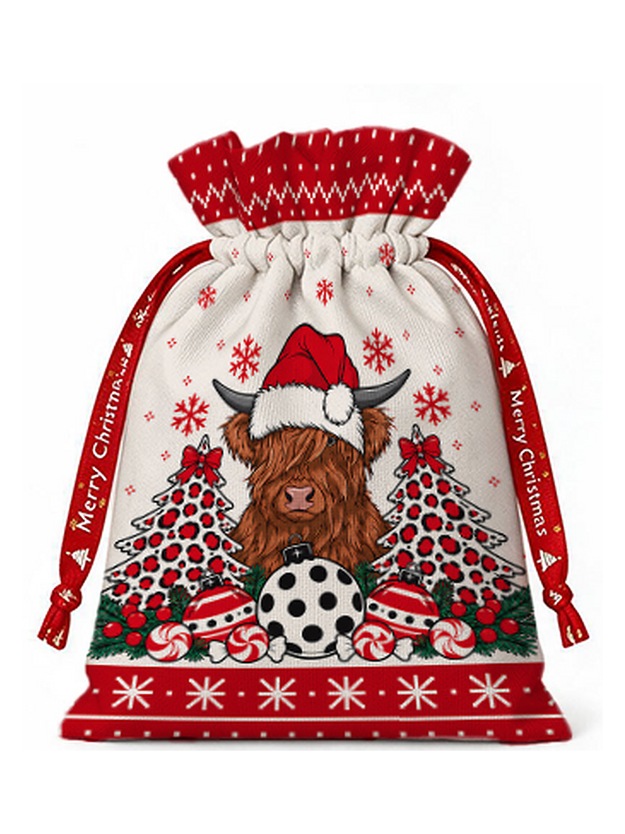 Christmas Highland Cow Reusable Drawstring Gift Bag