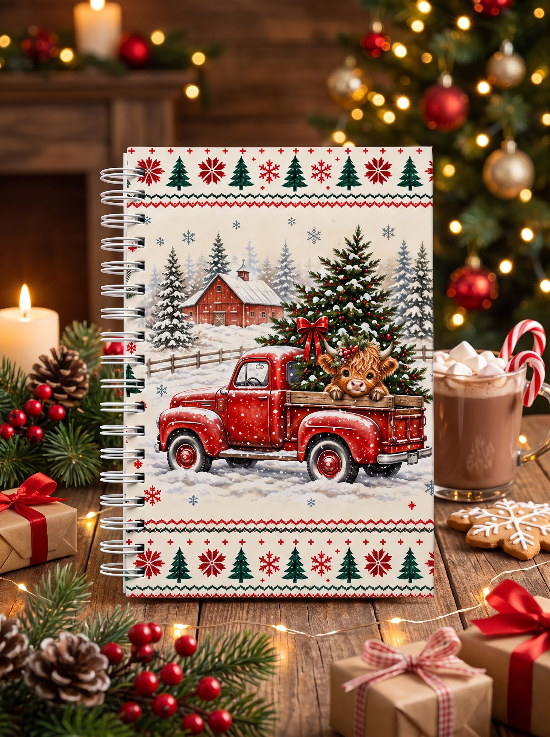 Cozy Christmas Farm Truck Cow Print A5 Spiral Notebook