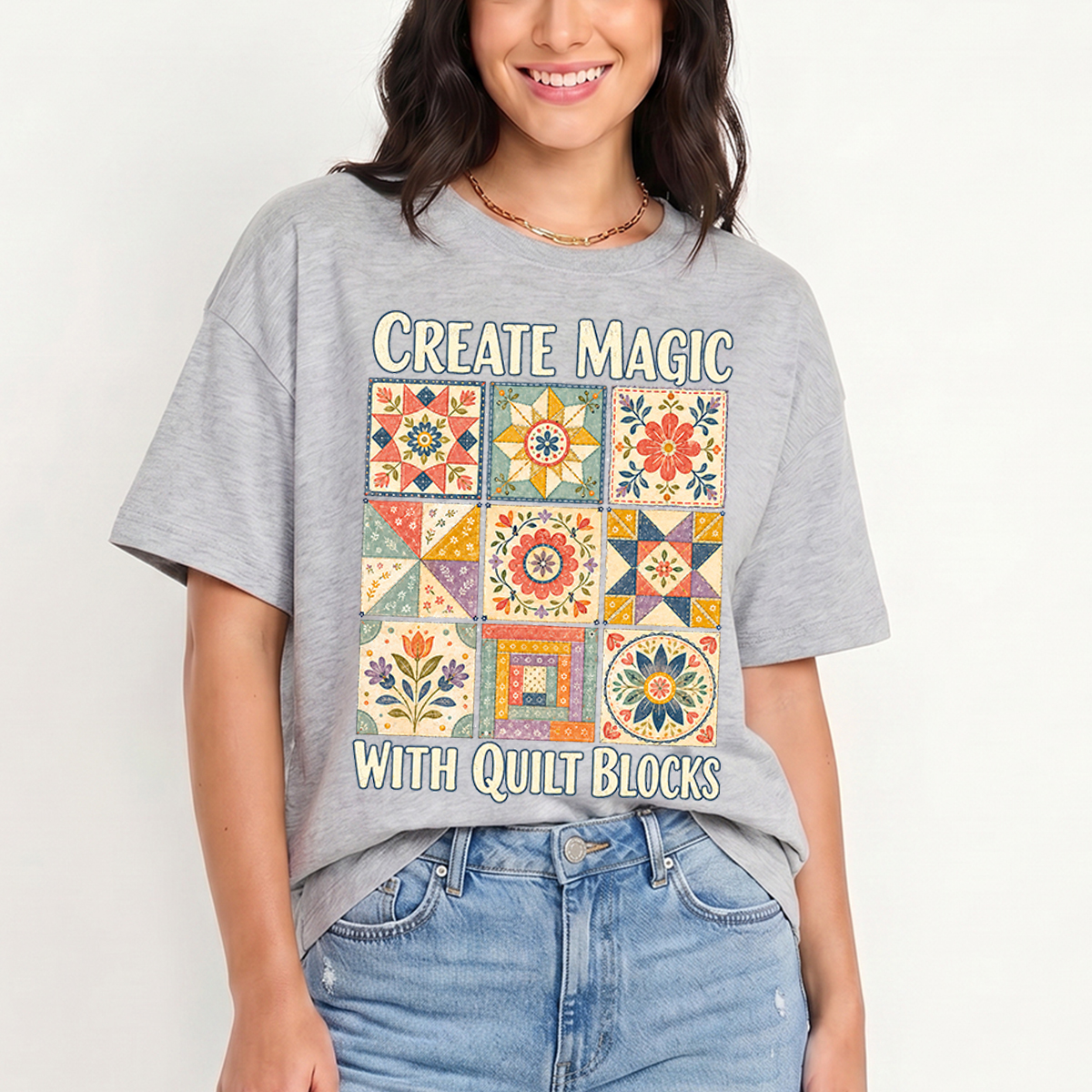 Magic Quilt Blocks Print Crew Neck Cotton Tee
