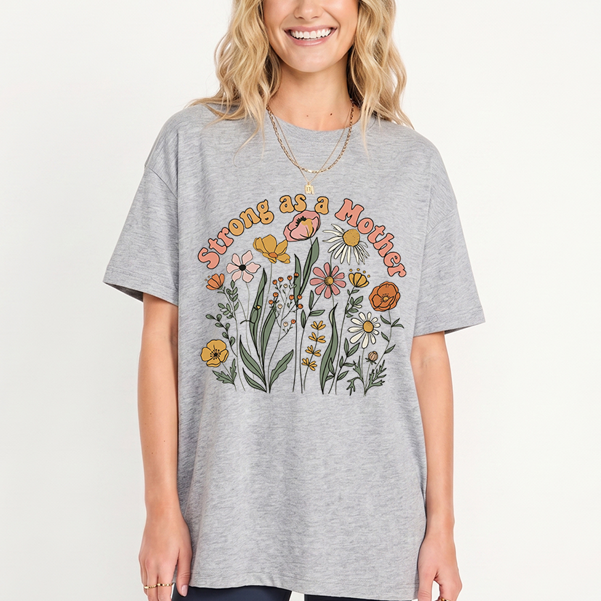 Strong As A Mother Print Crew Neck Cotton Tee
