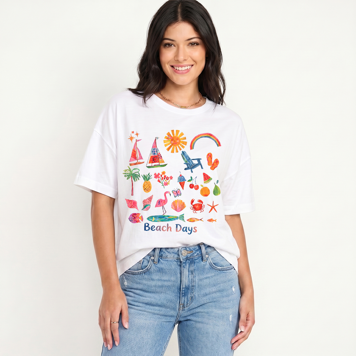 Beach Days Print Crew Neck Cotton Tee
