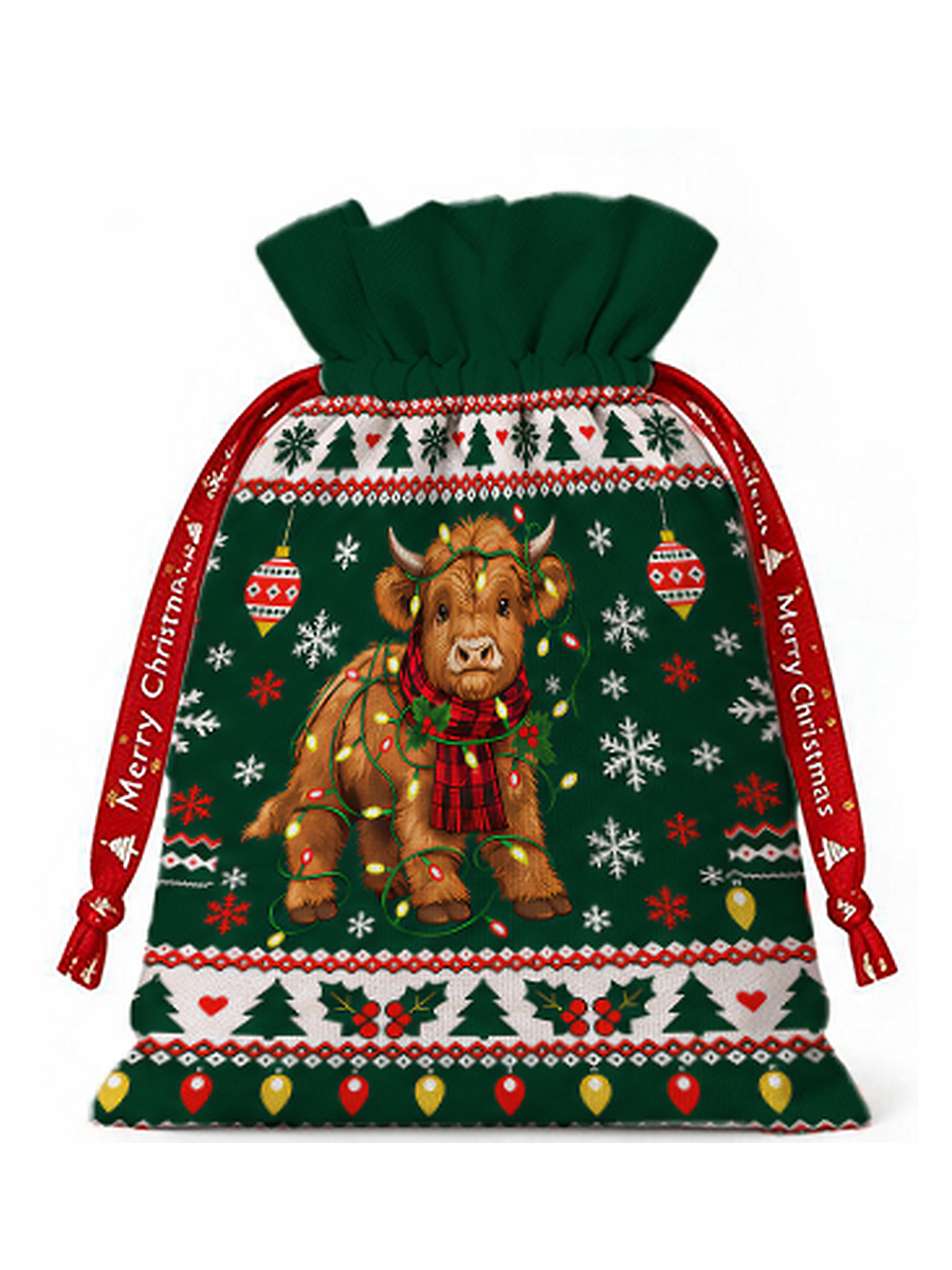 Christmas Cow Snowflake Reusable Drawstring Gift Bag