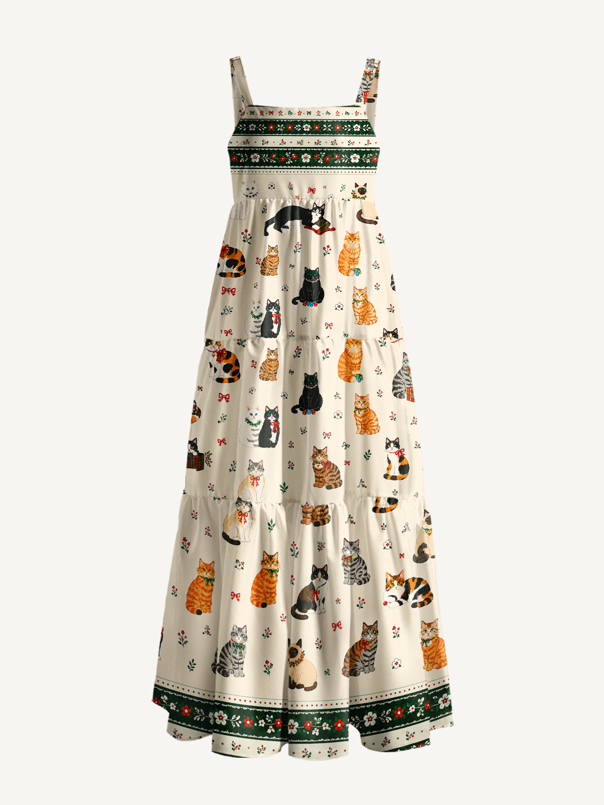 Sweet Festive Kitten Garden Print Wide Straps Maxi Dress With Pockets