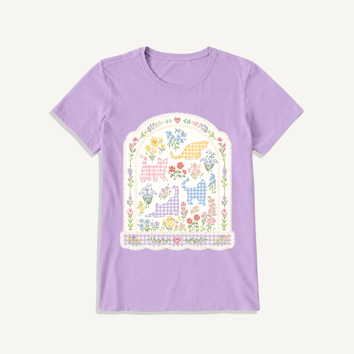 Gingham Cats Arch Frame Print Crew Neck Cotton Tee