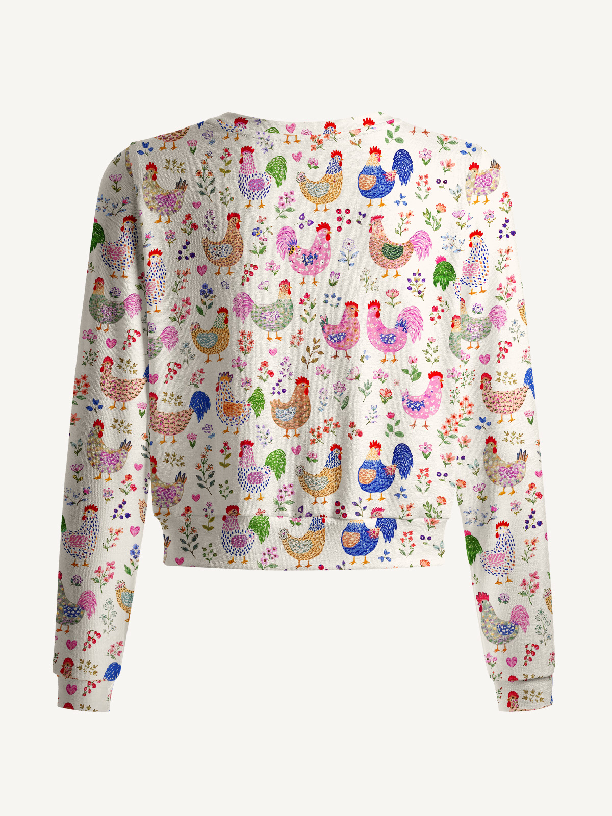 Lightweight Crew Neck Long‑Sleeve Cropped Colorful Farm Chickens Print Fine‑Knit Cardigan