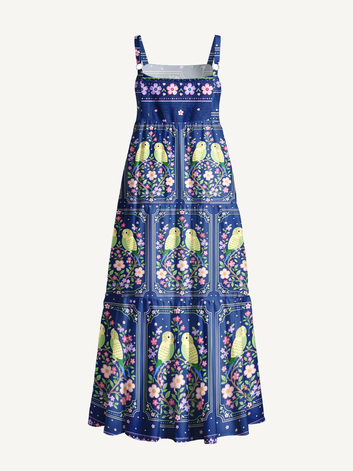 Midnight Garden Lovebirds Print Wide Straps Maxi Dress With Pockets