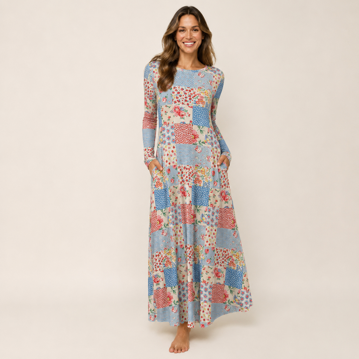Pastel Patc Print Soft-Touch Stretch Knit Long Sleeve Maxi Dress with Pockets
