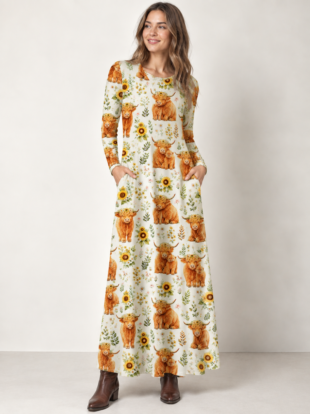 Spring Highland Cow Floral Print Soft-Touch Stretch Knit Long Sleeve Maxi Dress with Pockets
