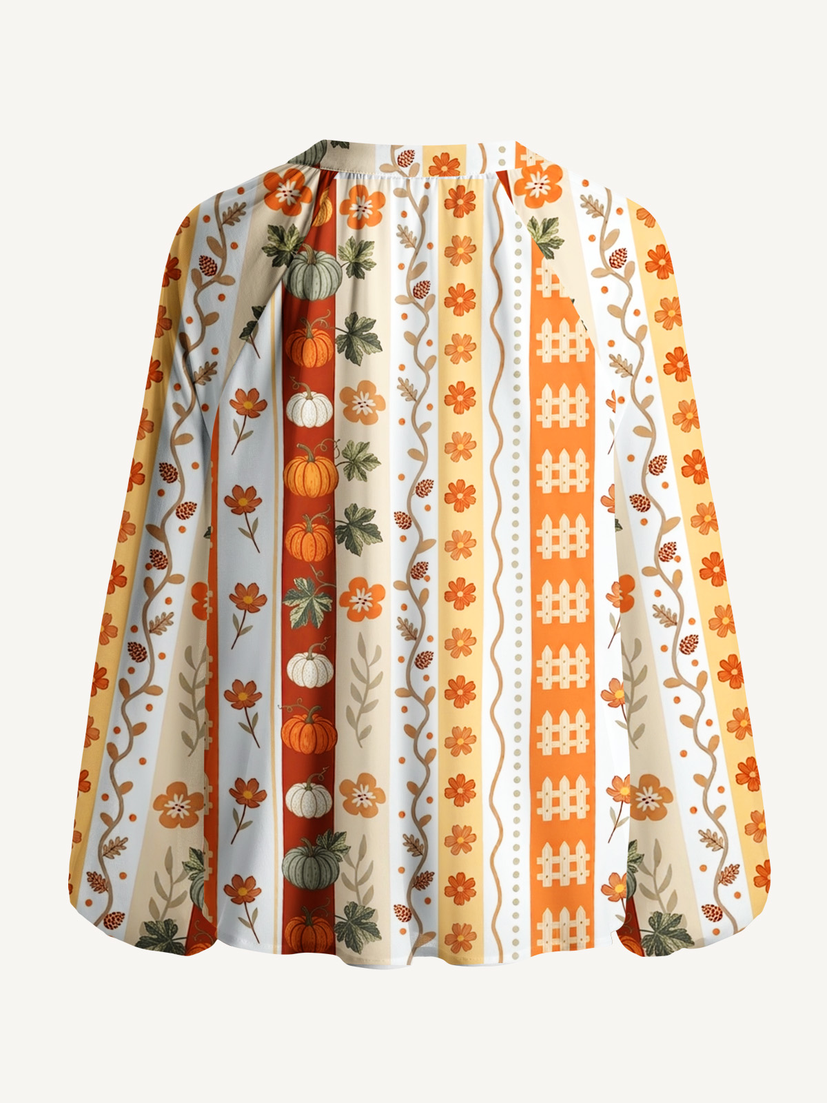 Autumn Pumpkin Patch Stripe Print Boho Long Sleeve Tie‑Neck Blouse