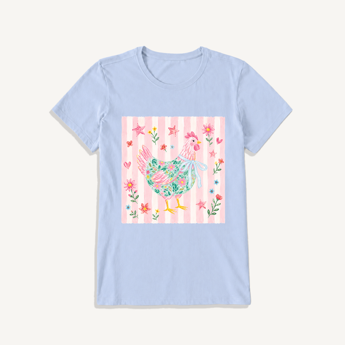Cozy Floral Hen Nook Print Crew Neck Cotton Tee