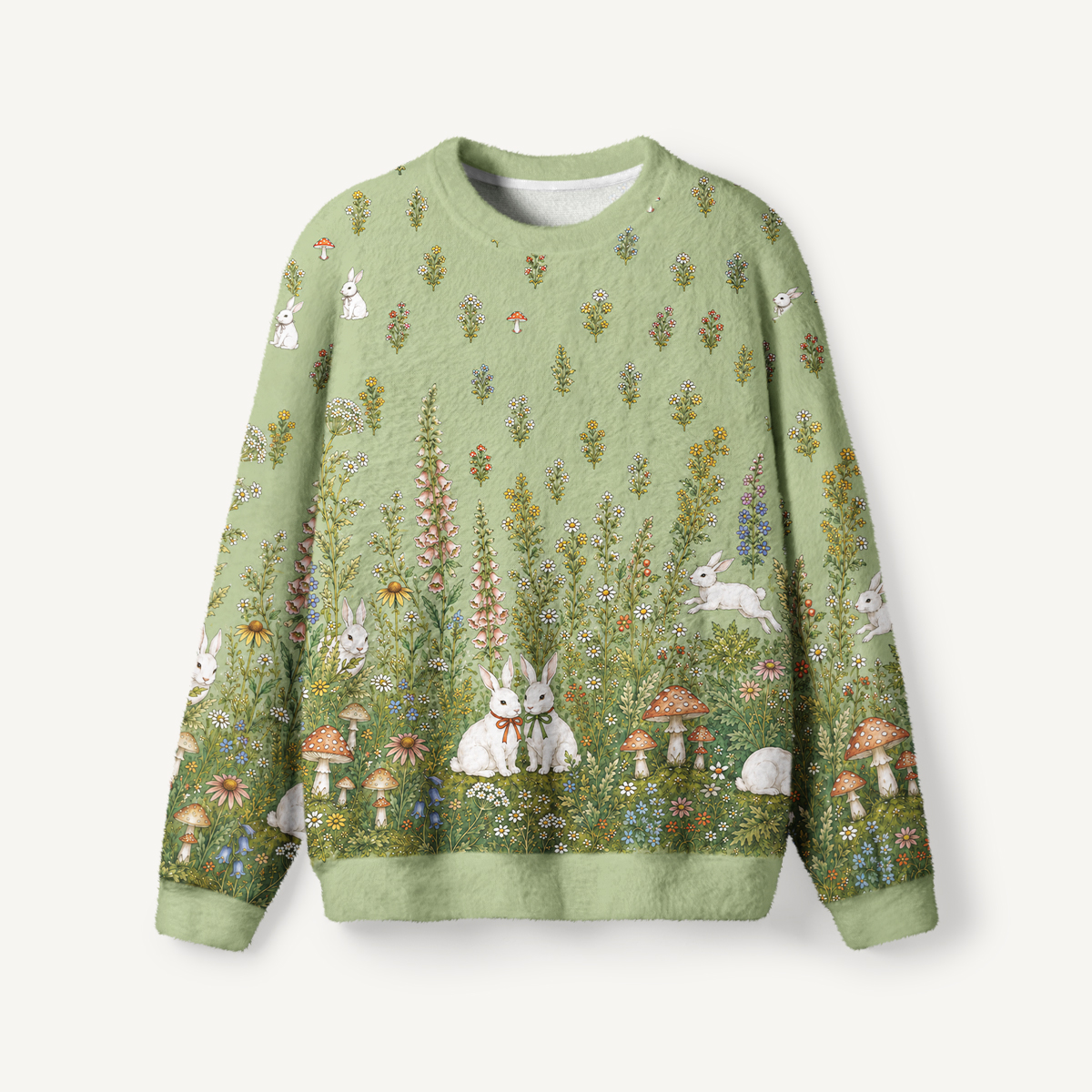 Bunny Meadow Garden Fuzzy Crewneck Sweater