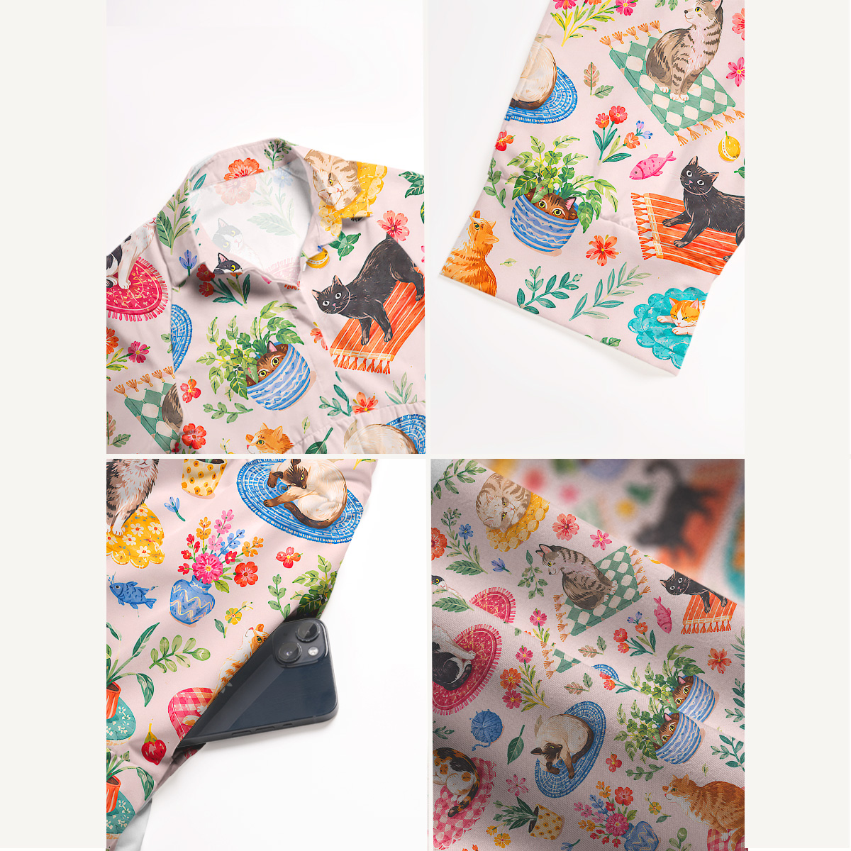 Cozy Garden Cats on Colorful Rugs Print Casual Midi Dress With Pockets