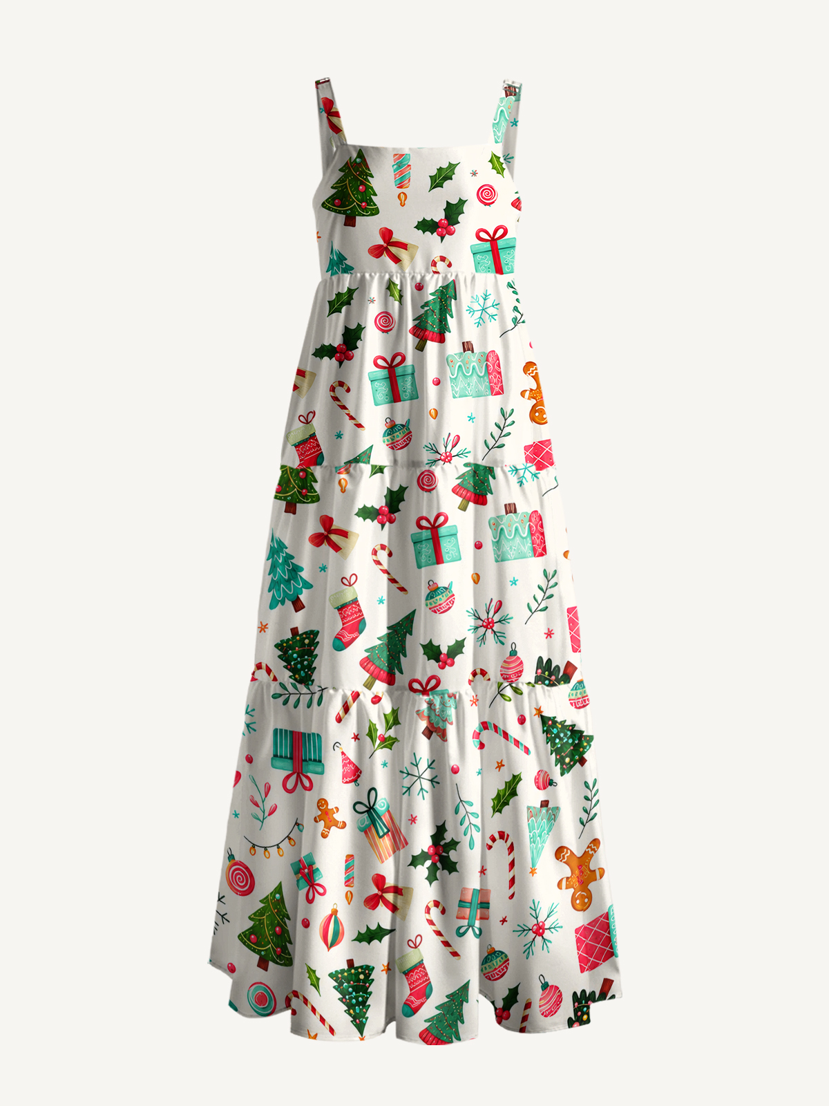 Christmas Gift & Candy Cane Print Wide Straps Maxi Dress With Pockets