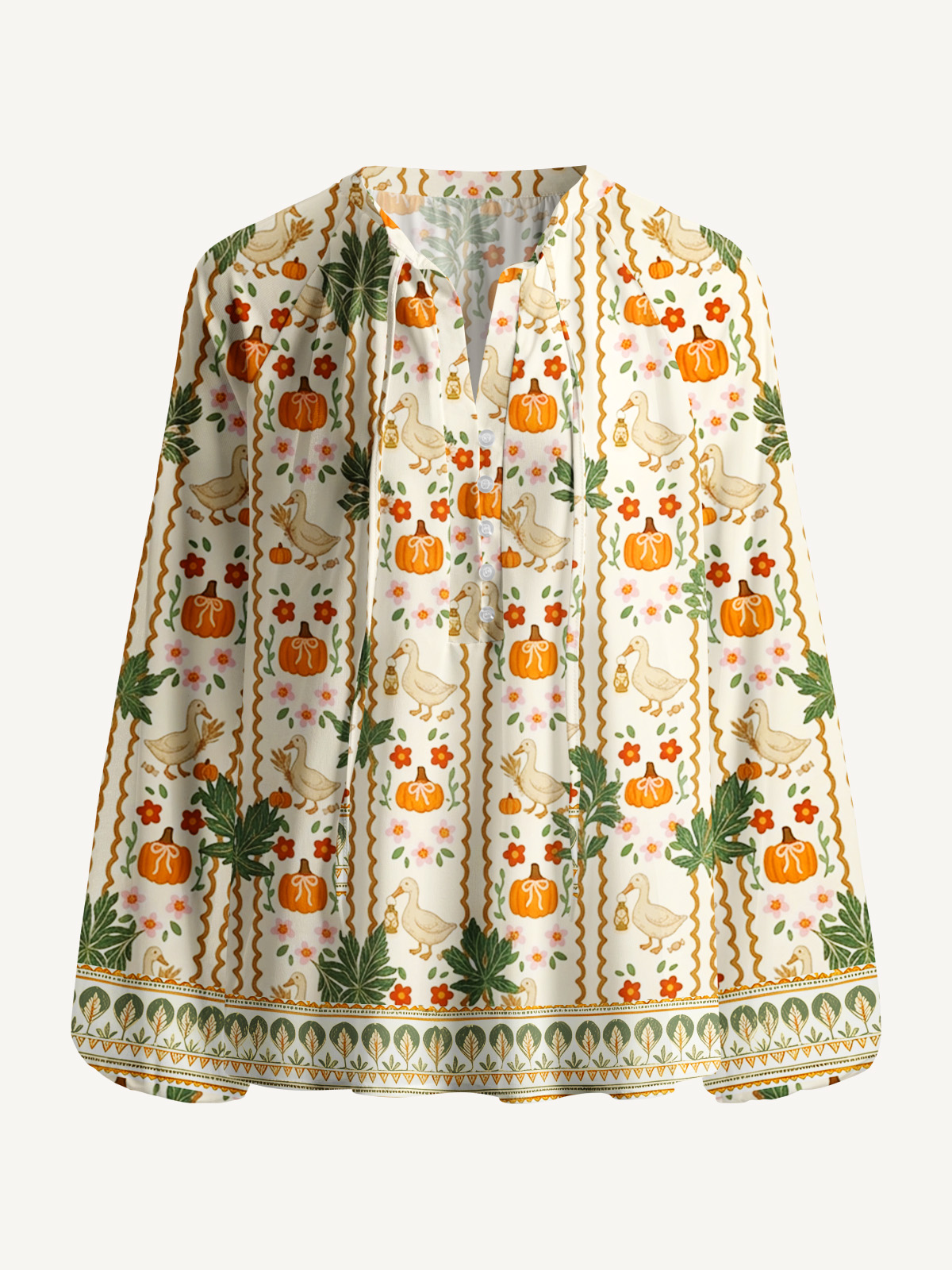 Harvest Goose & Pumpkin Print Boho Long Sleeve Tie‑Neck Blouse