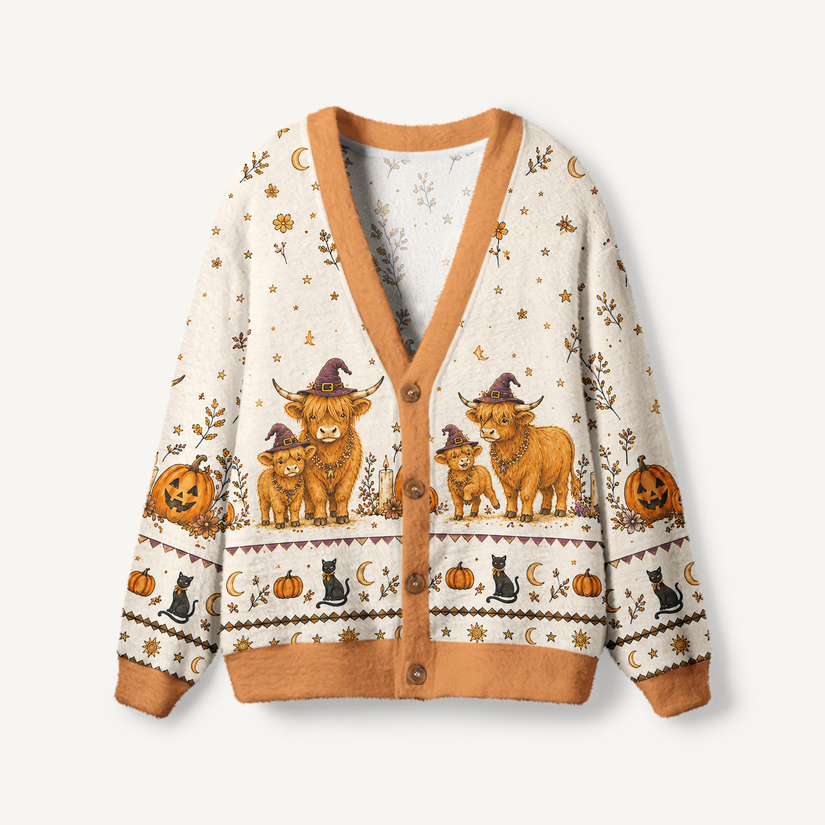 Witchy Highland Cow Harvest Print Ugly Cardigan Sweaters