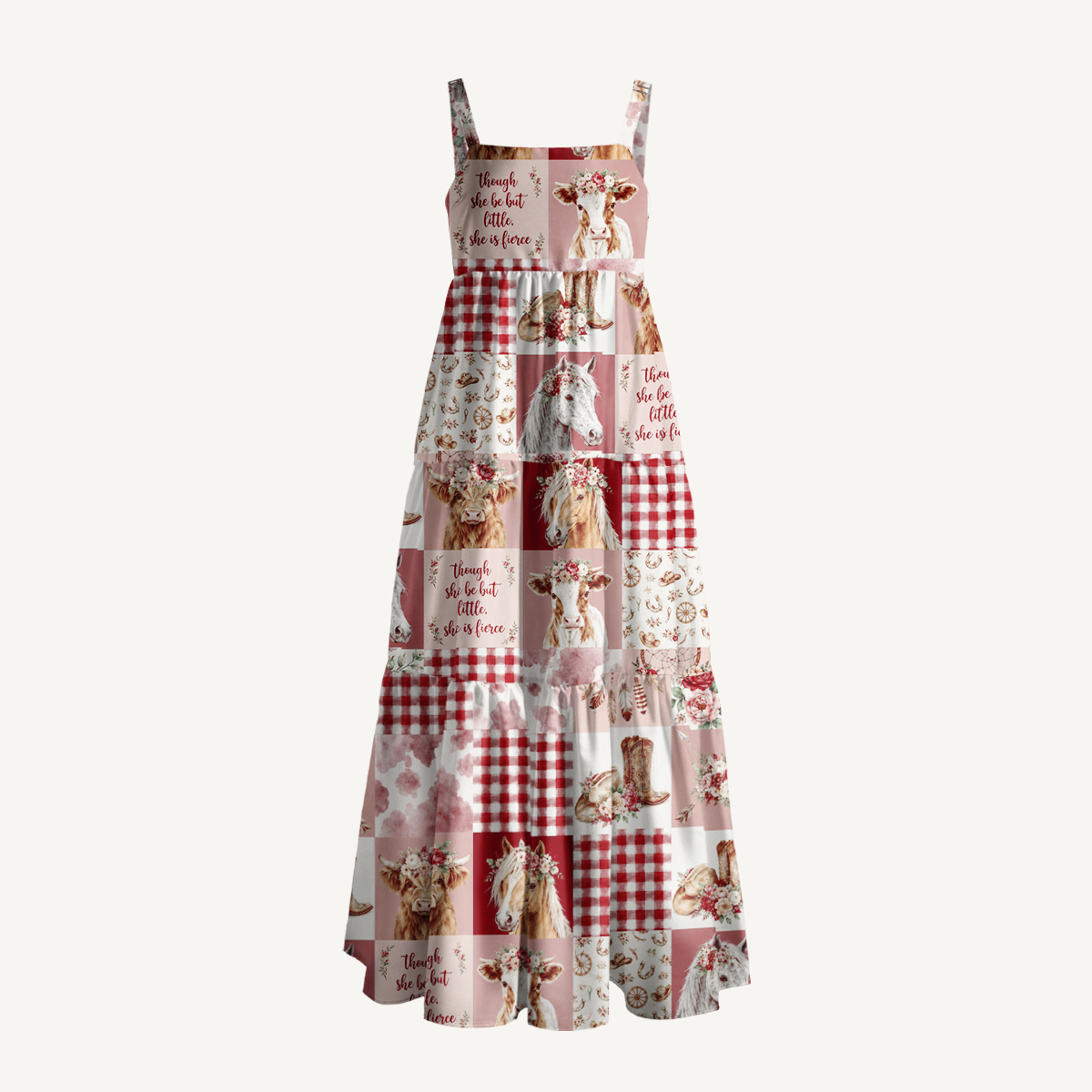 Vintage Western Farm Quilt Pattern Print Wide Straps Maxi Dress With Pockets