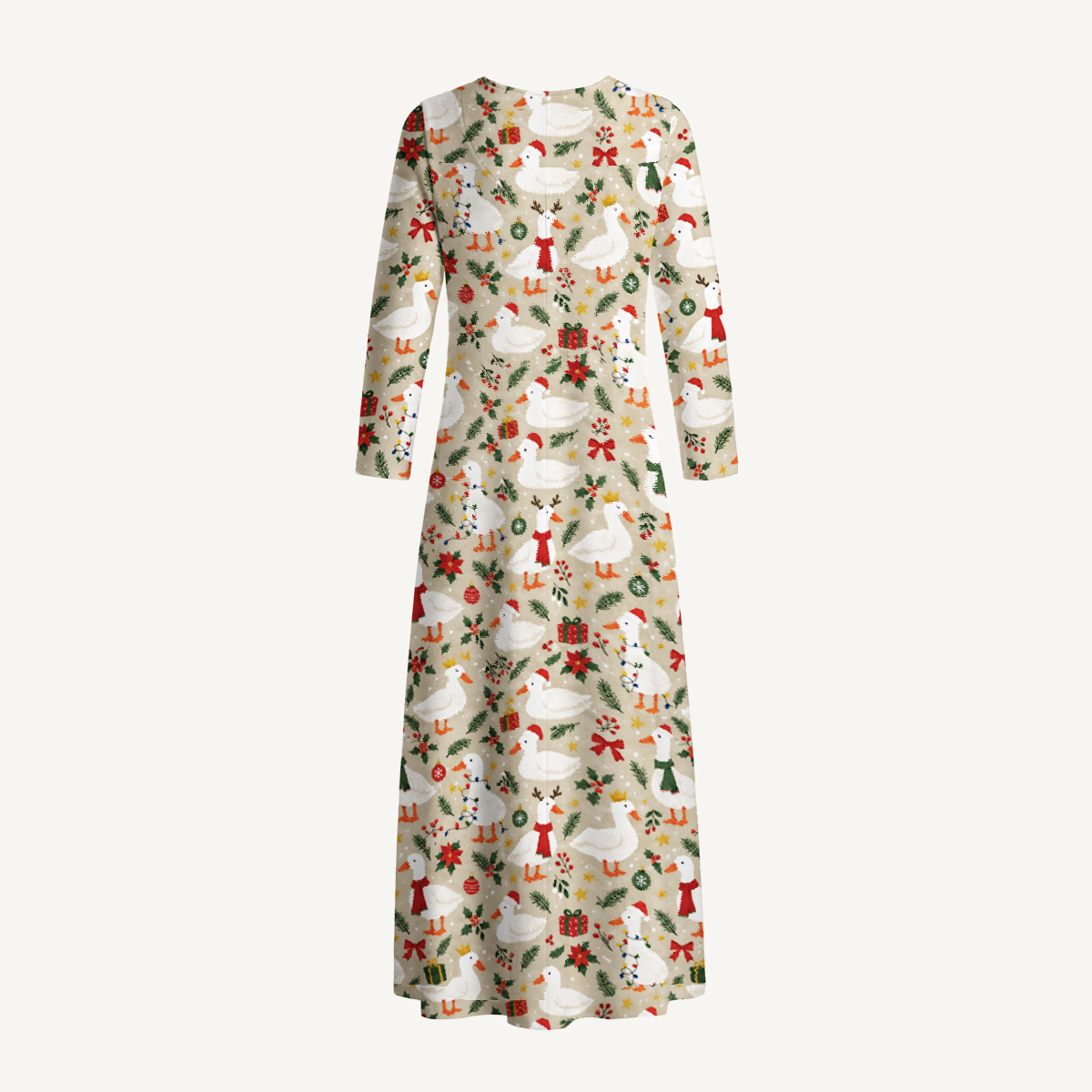 Merry Christmas Geese Print Soft-Touch Stretch Knit Long Sleeve Maxi Dress with Pockets