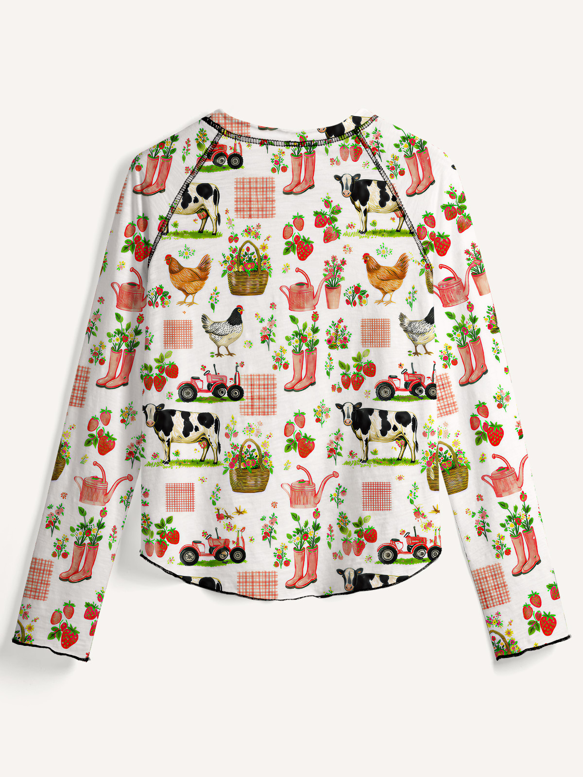 Watercolor Pink Farm Chicken All-Over Print Cotton Raglan Long Sleeve Top