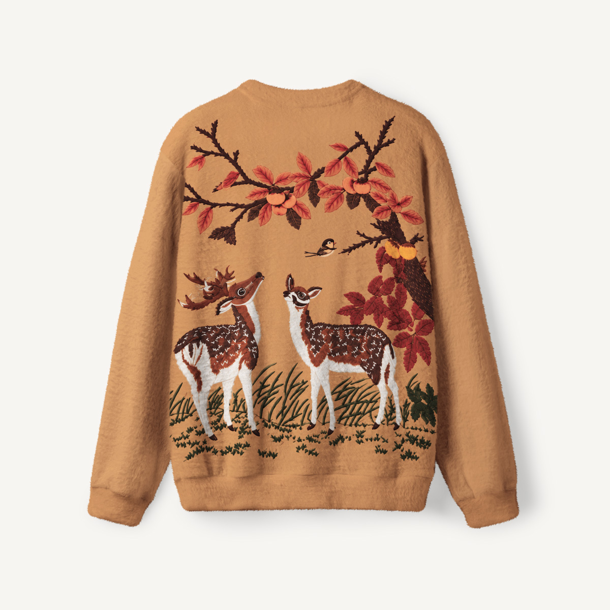 Autumn Woodland Deer Fuzzy Crewneck Sweater