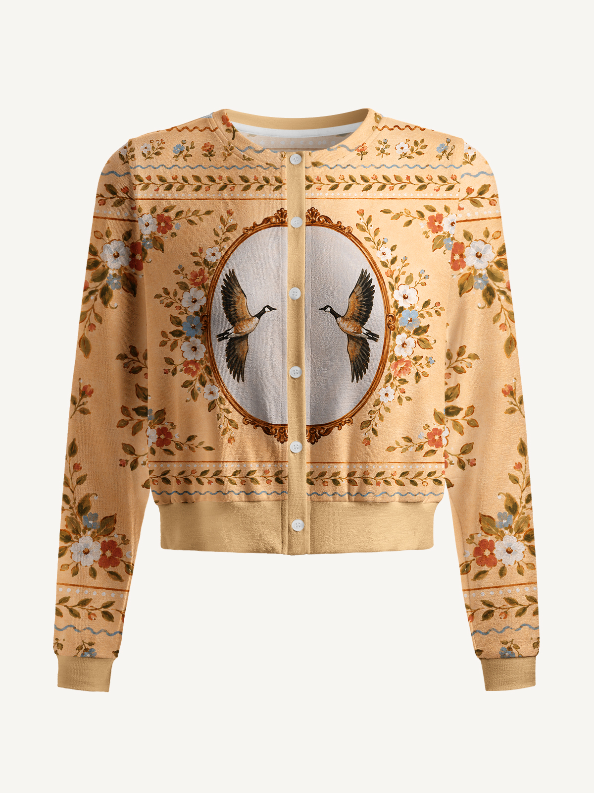 Flying Geese Portrait Print Fine‑Knit Cardigan