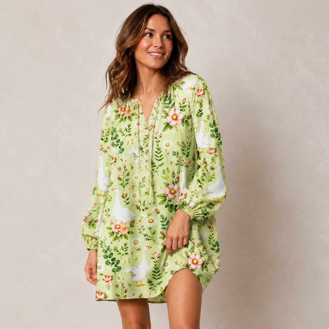 Pastoral Goose Garden Print Boho Tie‑Neck Smock Mini Dress