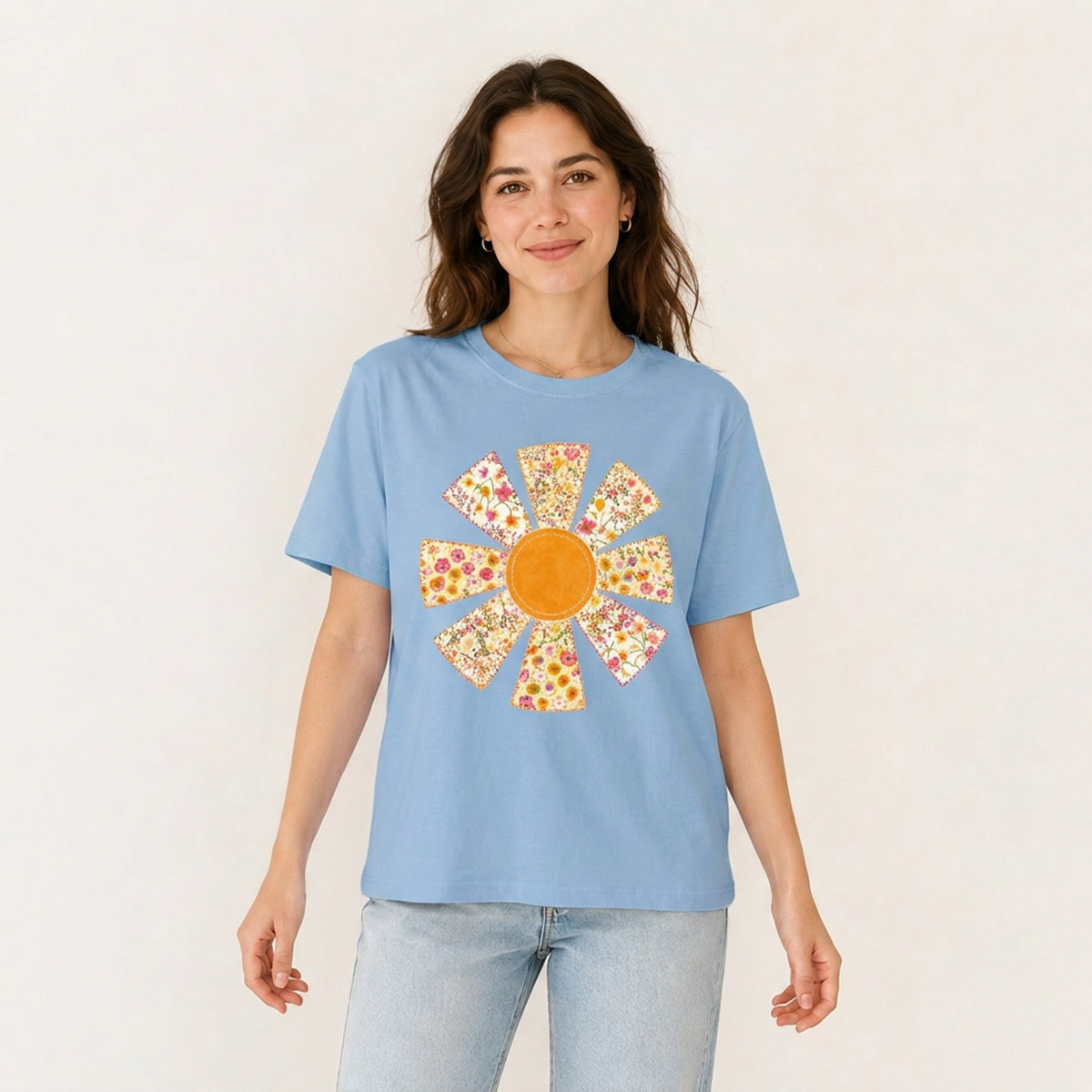 Golden Patchwork Daisy Print Crew Neck Cotton Tee