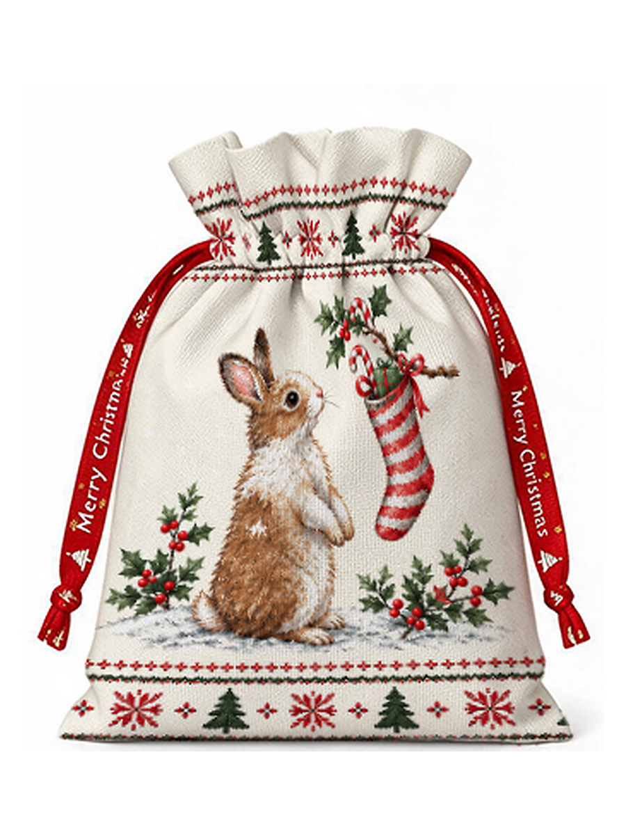 Cozy Christmas Bunny Reusable Drawstring Gift Bag