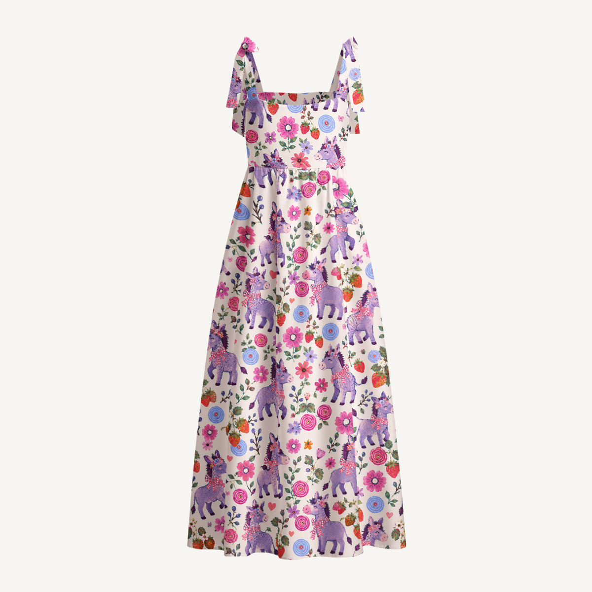 Strawberry Blossom Donkeys Print Bow Strap Maxi Dress
