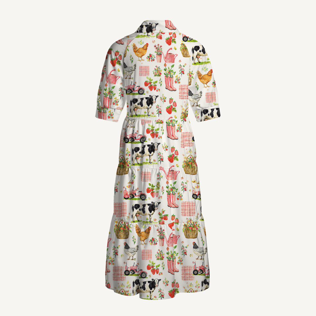 Watercolor Pink Farm Chicken Print Casual Midi Dress With Pockets