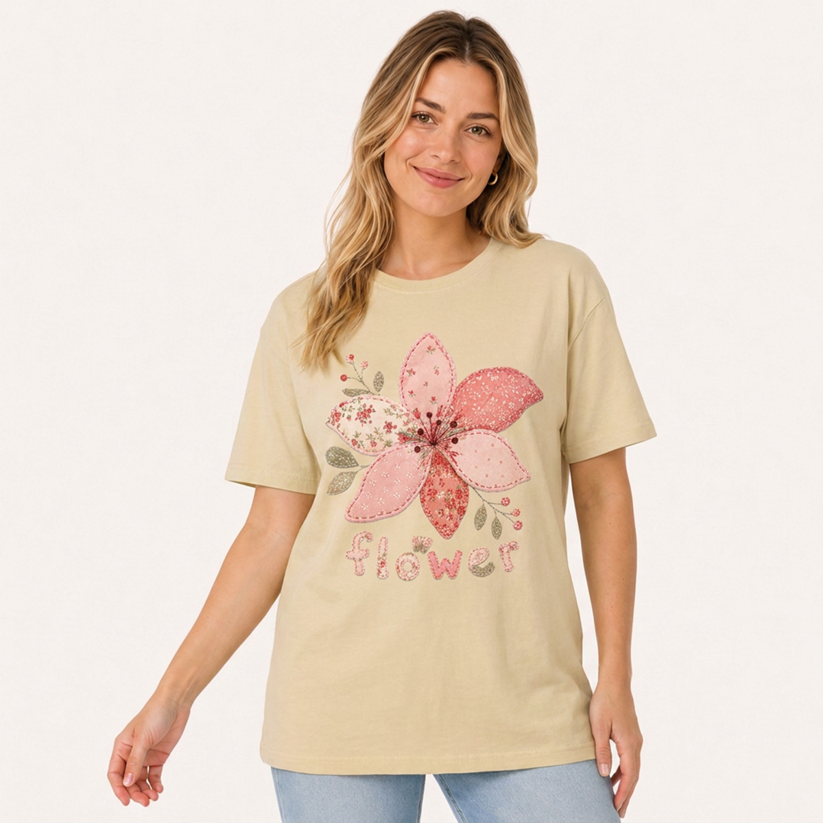 Blush Patchwork Flower Print Crew Neck Cotton Tee