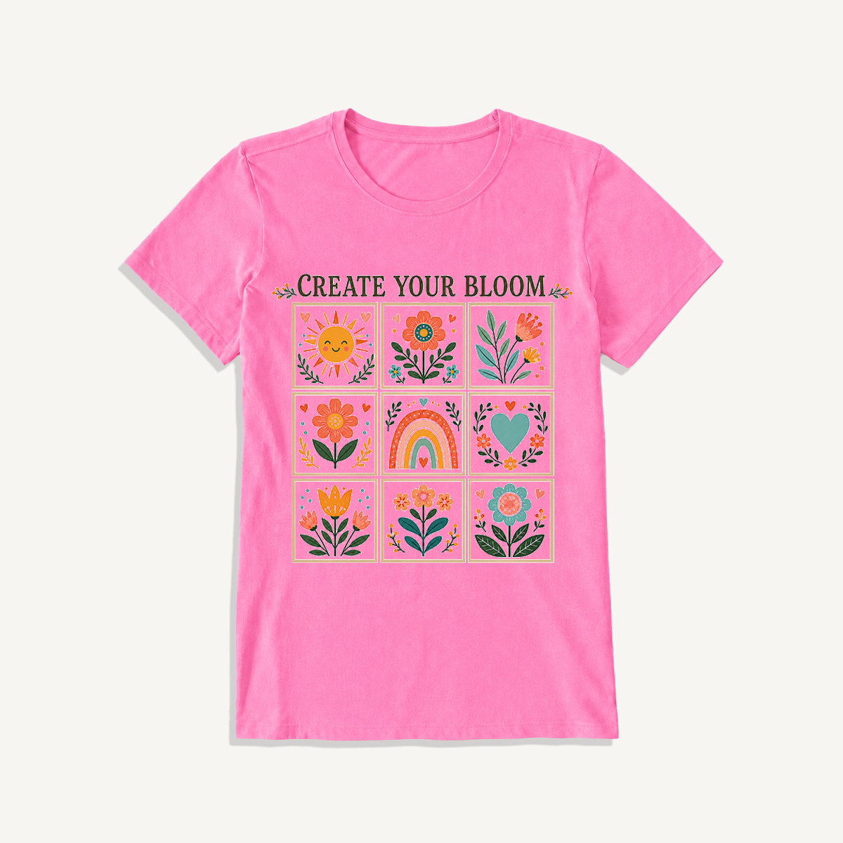 Folk Art Bloom Grid Print Crew Neck Cotton Tee