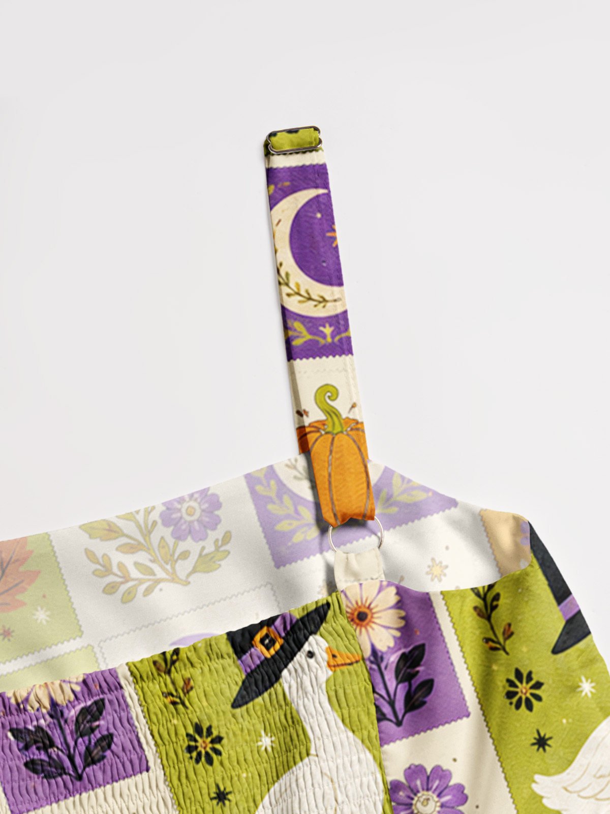Halloween Pumpkin Goose Garden Patchwork Print Wide Straps Maxi Dress With Pockets