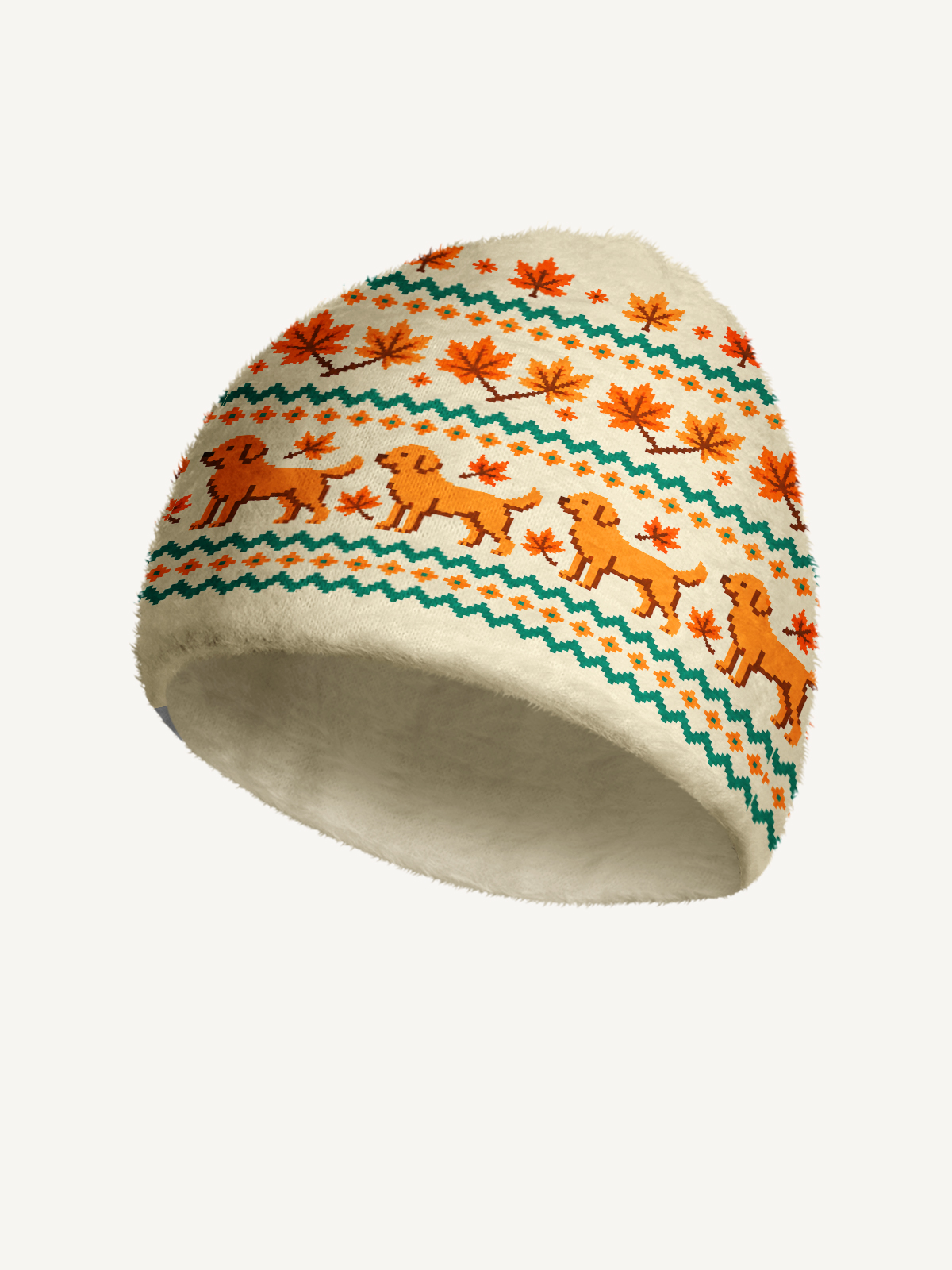 Autumn Dog & Falling Leaves Cozy Fuzzy Beanie