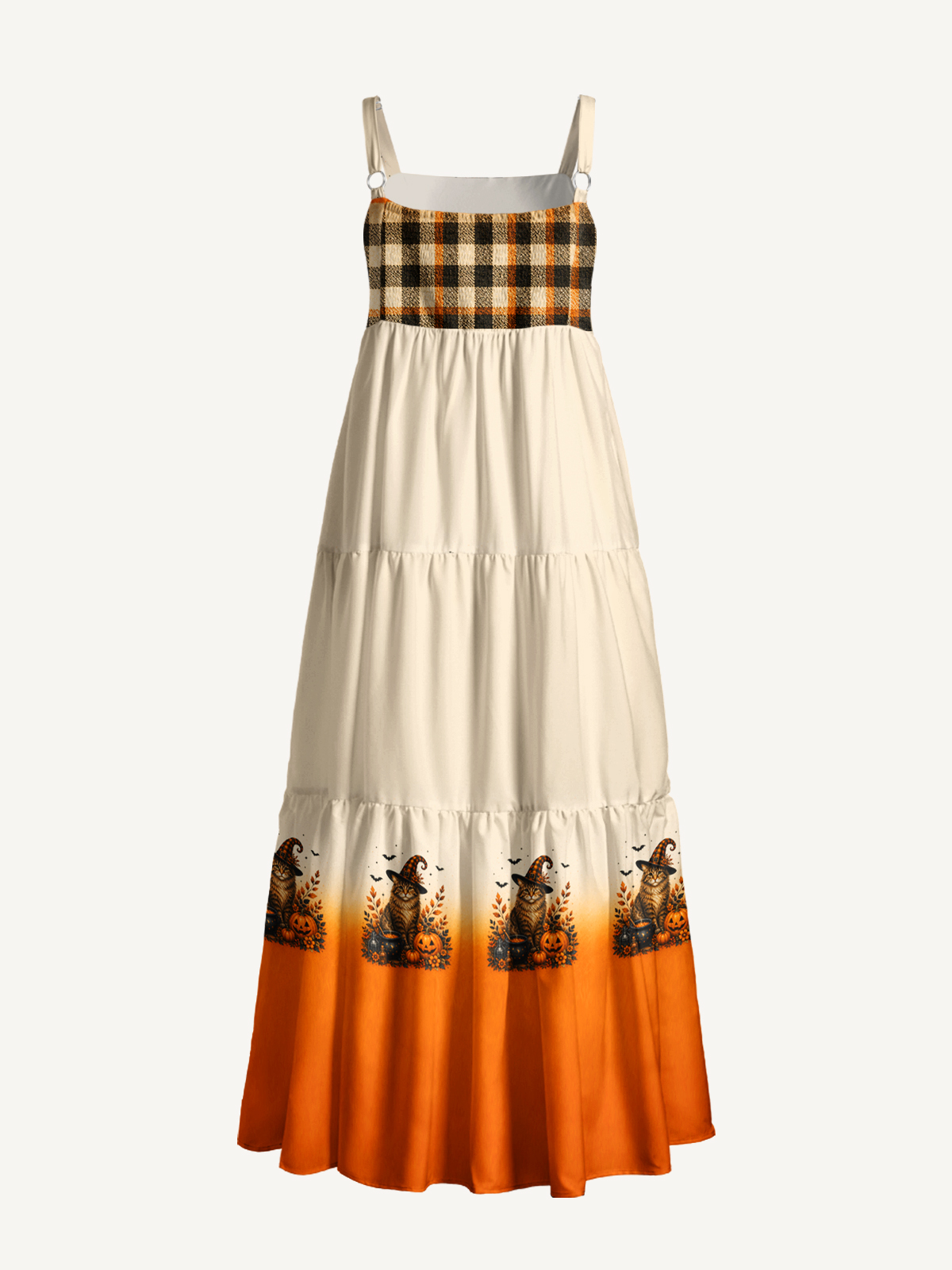 Cozy Plaid Halloween Witch Cat Print Wide Straps Maxi Dress With Pockets