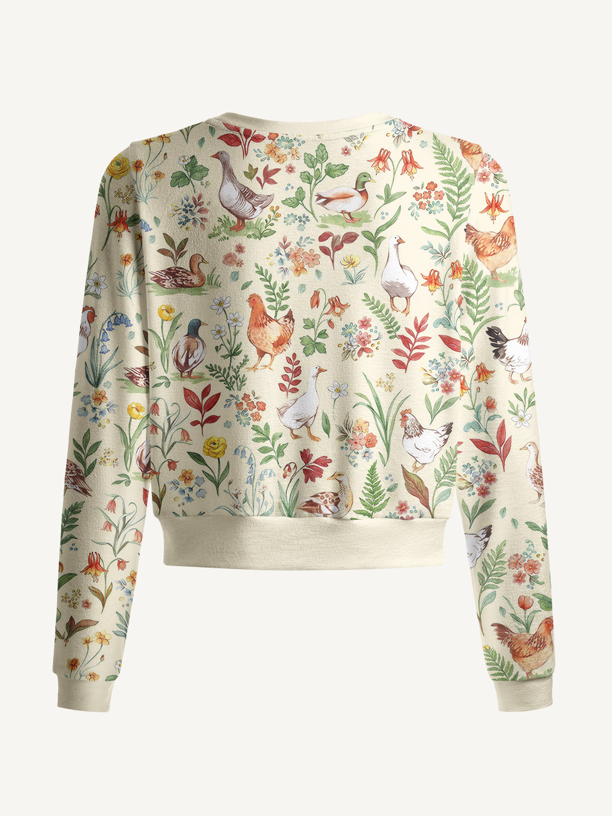 Lightweight Crew Neck Long‑Sleeve Cropped Countryside Garden Critter Print Fine‑Knit Cardigan