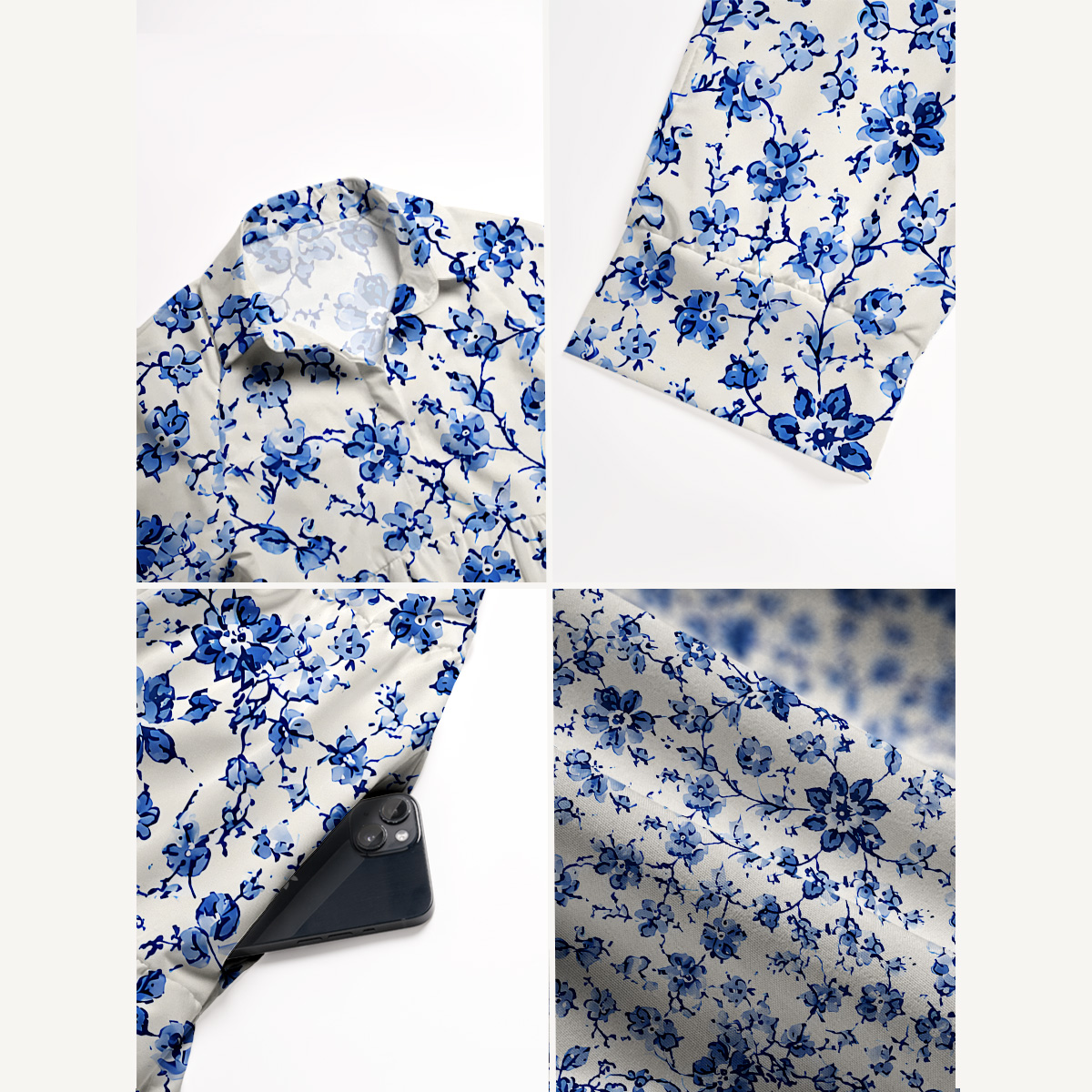 V Neck Collared Delft Blue Vintage Floral Print Quilt Print Casual Midi Dress With Pockets