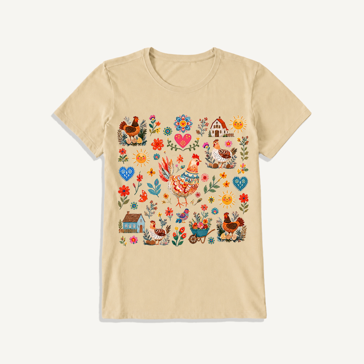 Vintage Farmhouse Chicken Floral Print Crew Neck Cotton Tee