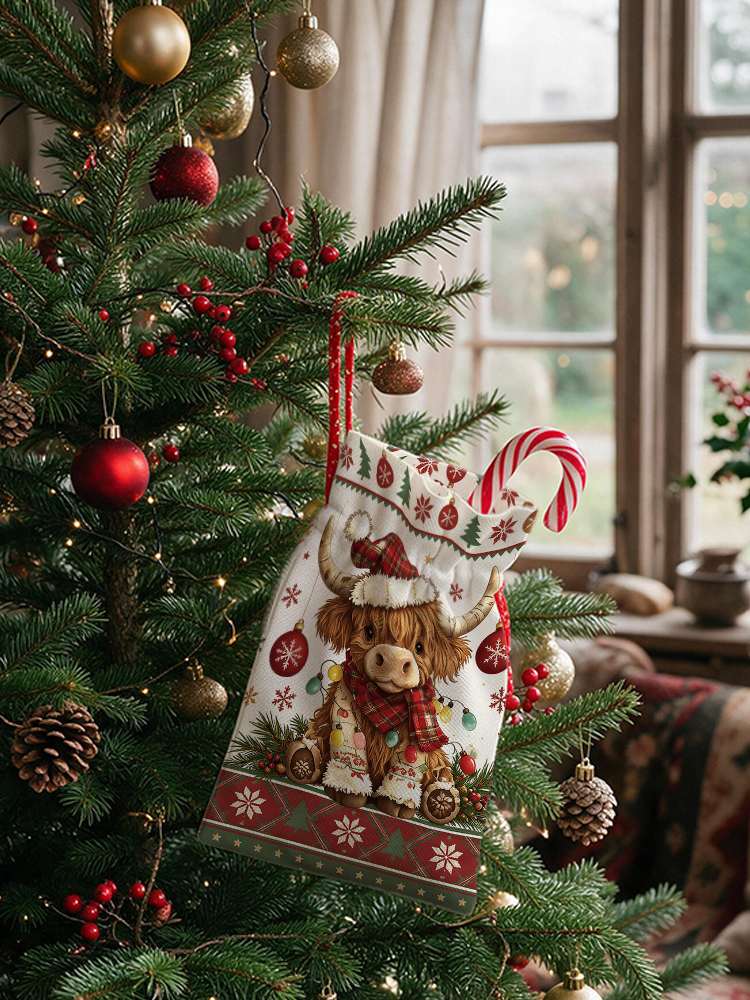 Highland Christmas Cow Reusable Drawstring Gift Bag