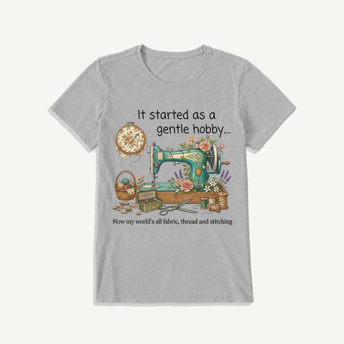 Gentle Hobby Floral Sewing Print Crew Neck Cotton Tee